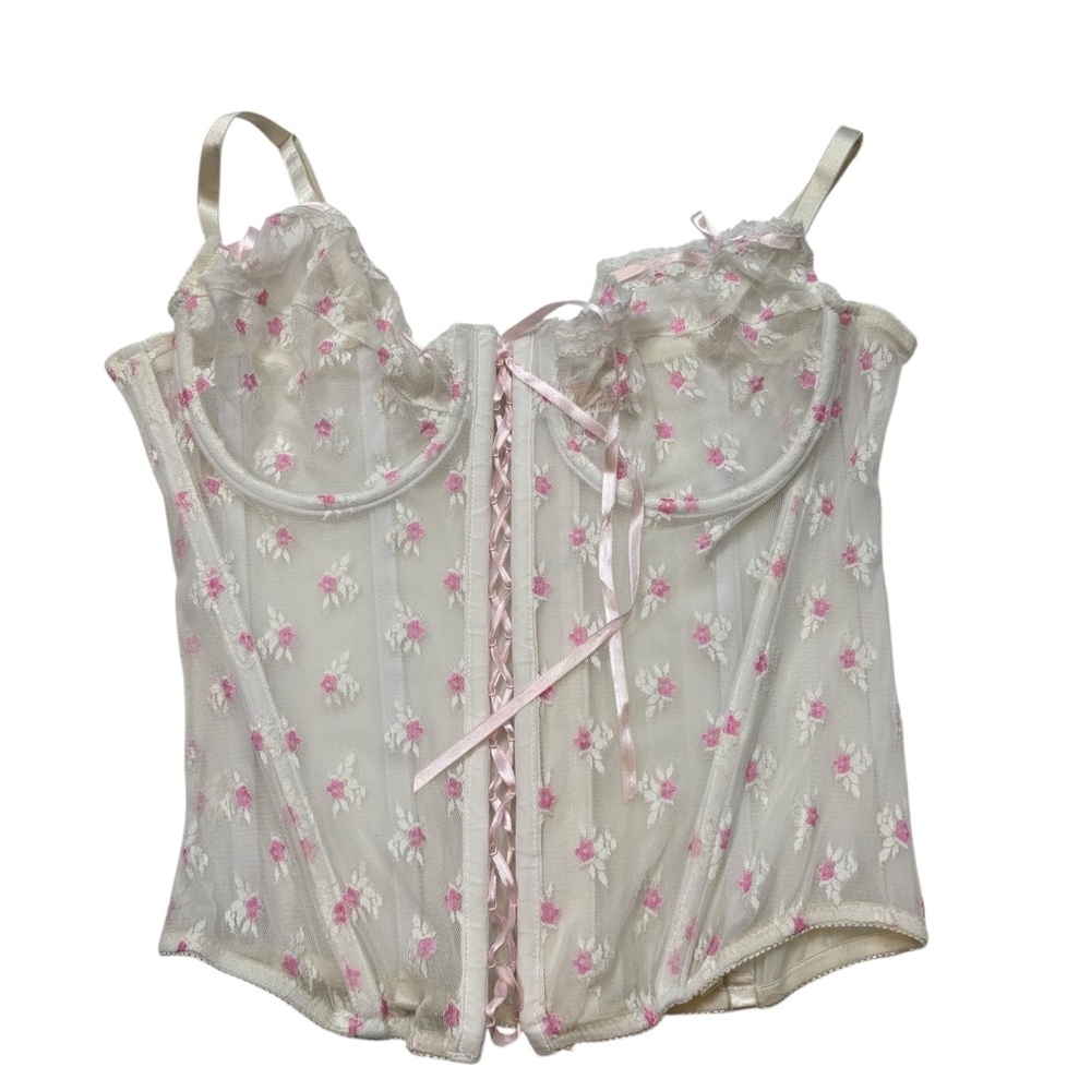 Tiffany’s Closet Brand Corset Bustier White Pink Embroidered Flowers‎ Size 44